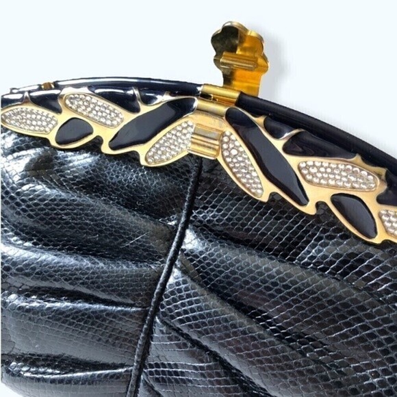 60s- 70s Finesse La Model Snakeskin Navy Blue Clutch Shoulder Bag Gold Hardware - Picture 12 of 15